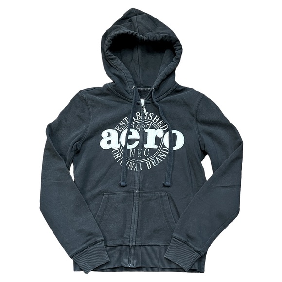 Vintage Aeropostale Hoodie Sweatshirt Slim Fit Women’s M Black White Lettering - Picture 1 of 7